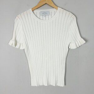 Pearl by Lela Rose White Pointelle Ribbed Sweater Top Ruffle Size Large Women's
